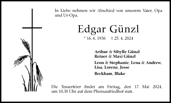 Traueranzeige von Edgar Günzl von Eßlinger Zeitung/Cannstatter Zeitung