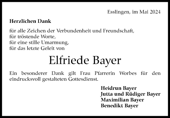 Traueranzeige von Elfriede Bayer von Eßlinger Zeitung/Cannstatter Zeitung