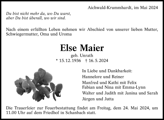 Traueranzeige von Else Maier von Eßlinger Zeitung/Cannstatter Zeitung