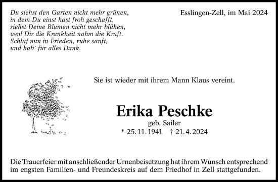 Traueranzeige von Erika Peschke von Eßlinger Zeitung/Cannstatter Zeitung