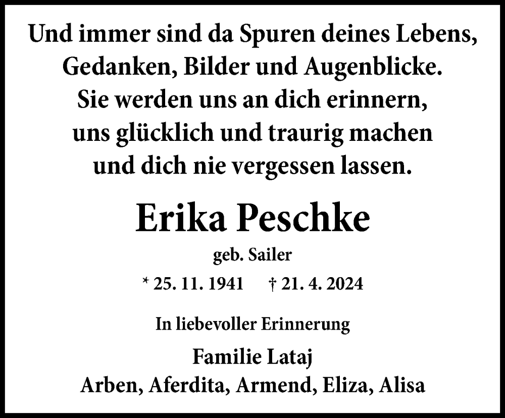  Traueranzeige für Erika Peschke vom 08.05.2024 aus Eßlinger Zeitung/Cannstatter Zeitung