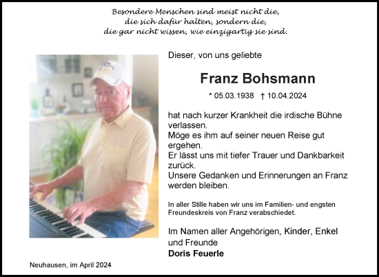 Traueranzeige von Franz Bohsmann von Eßlinger Zeitung/Cannstatter Zeitung