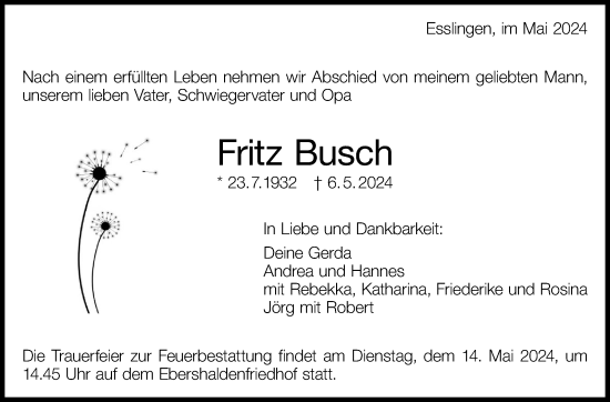 Traueranzeige von Fritz Busch von Eßlinger Zeitung/Cannstatter Zeitung