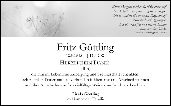 Traueranzeige von Fritz Göttling von Eßlinger Zeitung/Cannstatter Zeitung