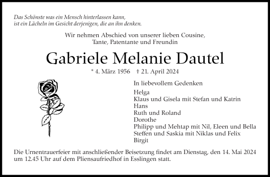 Traueranzeige von Gabriele Melanie Dautel von Eßlinger Zeitung/Cannstatter Zeitung