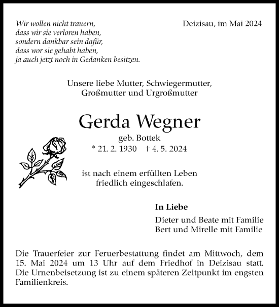 Traueranzeige von Gerda Wegner von Eßlinger Zeitung/Cannstatter Zeitung