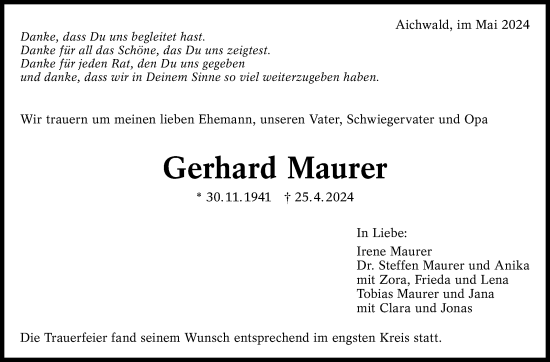 Traueranzeige von Gerhard Maurer von Eßlinger Zeitung/Cannstatter Zeitung