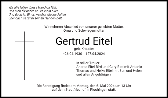 Traueranzeige von Gertrud Eitel von Eßlinger Zeitung/Cannstatter Zeitung