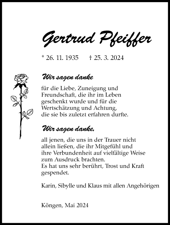 Traueranzeige von Gertrud Pfeiffer von Eßlinger Zeitung/Cannstatter Zeitung