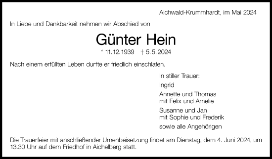 Traueranzeige von Günter Hein von Eßlinger Zeitung/Cannstatter Zeitung