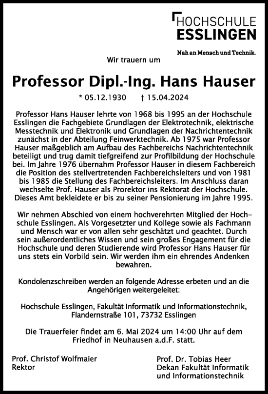 Traueranzeige von Hans Hauser von Eßlinger Zeitung/Cannstatter Zeitung