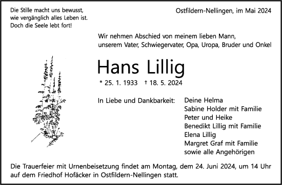 Traueranzeige von Hans Lillig von Eßlinger Zeitung/Cannstatter Zeitung