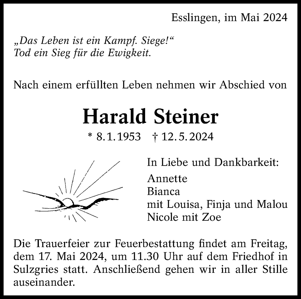  Traueranzeige für Harald Steiner vom 15.05.2024 aus Eßlinger Zeitung/Cannstatter Zeitung