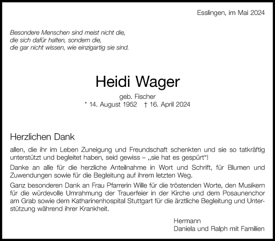Traueranzeige von Heidi Wager von Eßlinger Zeitung/Cannstatter Zeitung