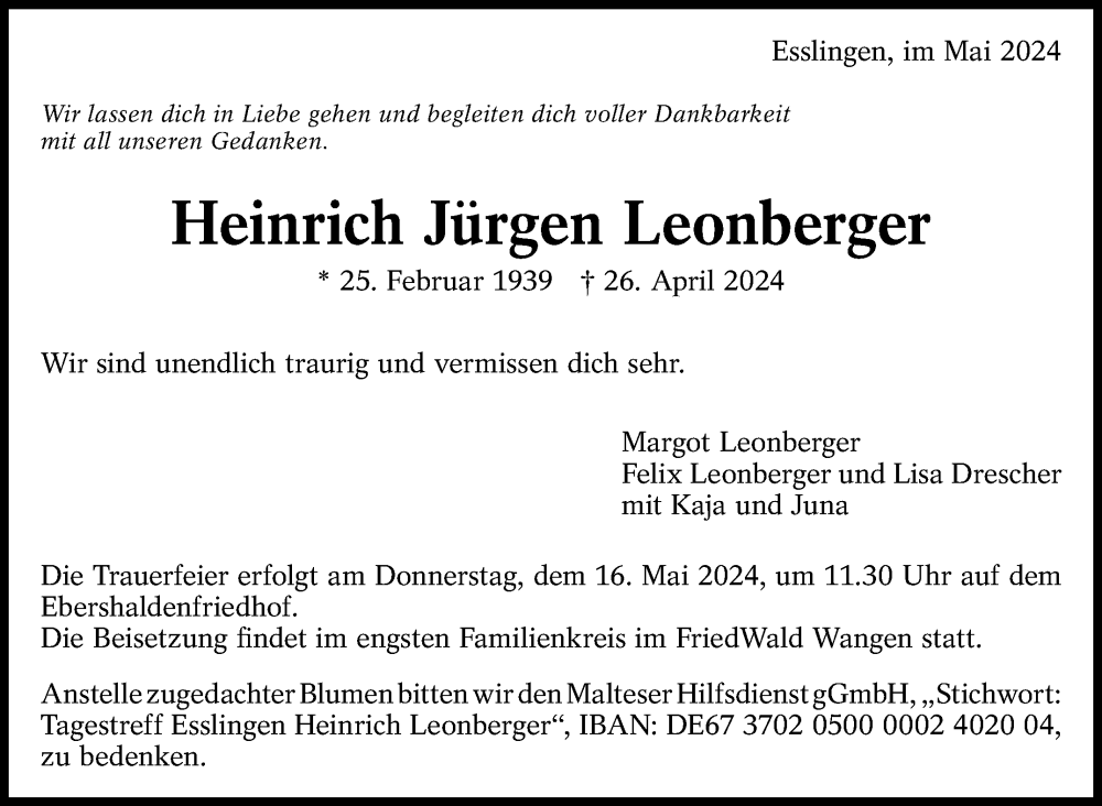  Traueranzeige für Heinrich Jürgen Leonberger vom 04.05.2024 aus Eßlinger Zeitung/Cannstatter Zeitung