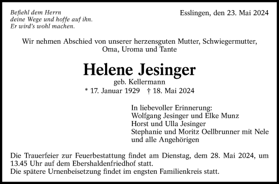 Traueranzeige von Helene Jesinger von Eßlinger Zeitung/Cannstatter Zeitung