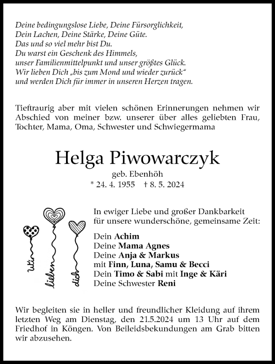 Traueranzeige von Helga Piwowarczyk von Eßlinger Zeitung/Cannstatter Zeitung