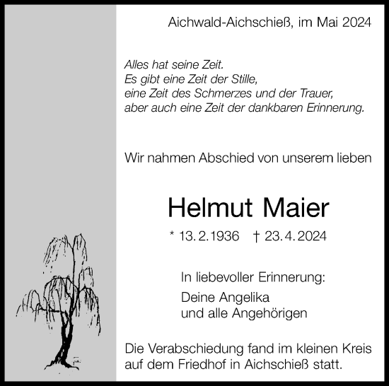 Traueranzeige von Helmut Maier von Eßlinger Zeitung/Cannstatter Zeitung