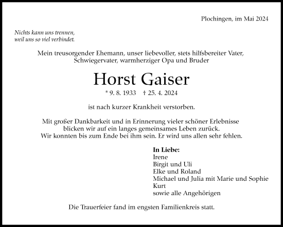 Traueranzeige von Horst Gaiser von Eßlinger Zeitung/Cannstatter Zeitung