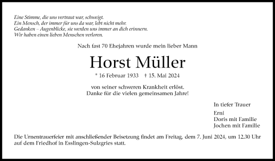 Traueranzeige von Horst Müller von Eßlinger Zeitung/Cannstatter Zeitung