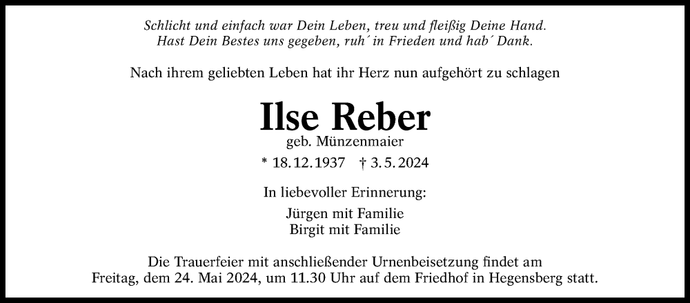  Traueranzeige für Ilse Reber vom 18.05.2024 aus Eßlinger Zeitung/Cannstatter Zeitung