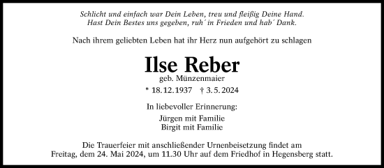 Traueranzeige von Ilse Reber von Eßlinger Zeitung/Cannstatter Zeitung