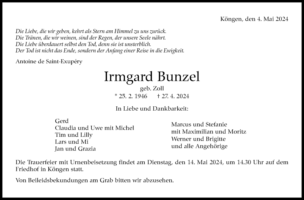  Traueranzeige für Irmgard Bunzel vom 04.05.2024 aus Eßlinger Zeitung/Cannstatter Zeitung