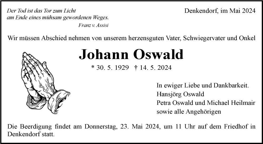 Traueranzeige für Johann Oswald vom 21.05.2024 aus Eßlinger Zeitung/Cannstatter Zeitung