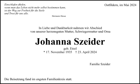 Traueranzeige von Johanna Szeider von Eßlinger Zeitung/Cannstatter Zeitung