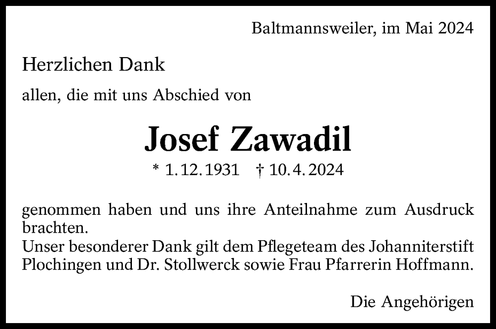  Traueranzeige für Josef Zawadil vom 18.05.2024 aus Eßlinger Zeitung/Cannstatter Zeitung
