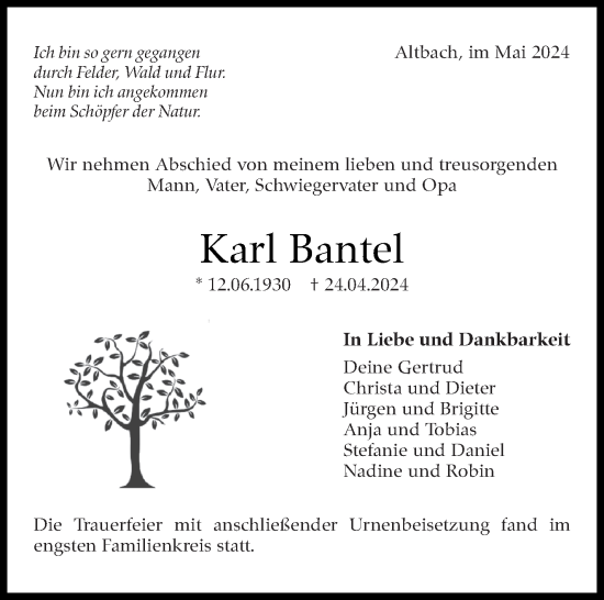 Traueranzeige von Karl Bantel von Eßlinger Zeitung/Cannstatter Zeitung