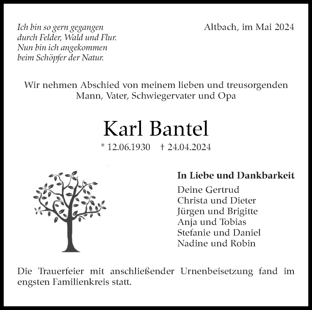  Traueranzeige für Karl Bantel vom 14.05.2024 aus Eßlinger Zeitung/Cannstatter Zeitung