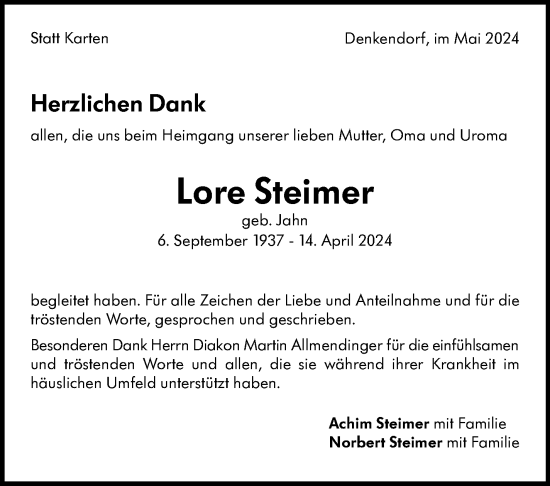 Traueranzeige von Lore Steimer von Eßlinger Zeitung/Cannstatter Zeitung