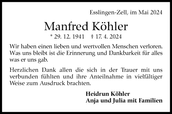Traueranzeige von Manfred Köhler von Eßlinger Zeitung/Cannstatter Zeitung