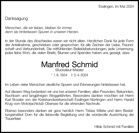 Traueranzeige von Manfred Schmid von Eßlinger Zeitung/Cannstatter Zeitung