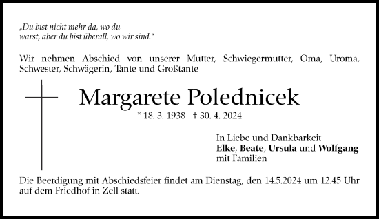 Traueranzeige von Margarete Polednicek von Eßlinger Zeitung/Cannstatter Zeitung