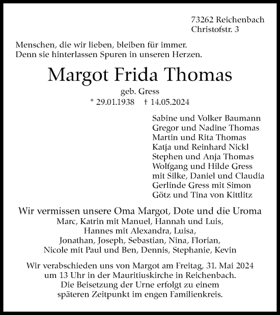 Traueranzeige von Margot Frida Thomas  von Eßlinger Zeitung/Cannstatter Zeitung