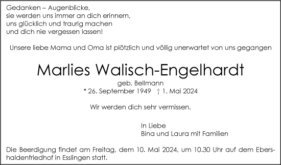Traueranzeige von Marlies Walisch-Engelhardt von Eßlinger Zeitung/Cannstatter Zeitung