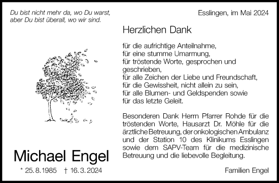 Traueranzeige von Michael Engel von Eßlinger Zeitung/Cannstatter Zeitung