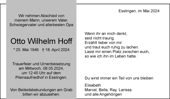 Traueranzeige von Otto Wilhelm Hoff von Eßlinger Zeitung/Cannstatter Zeitung