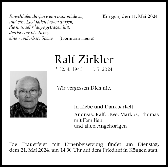 Traueranzeige von Ralf Zirkler von Eßlinger Zeitung/Cannstatter Zeitung