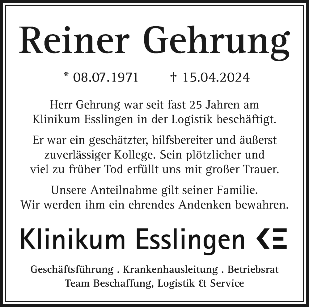  Traueranzeige für Reiner Gehrung vom 02.05.2024 aus Eßlinger Zeitung/Cannstatter Zeitung