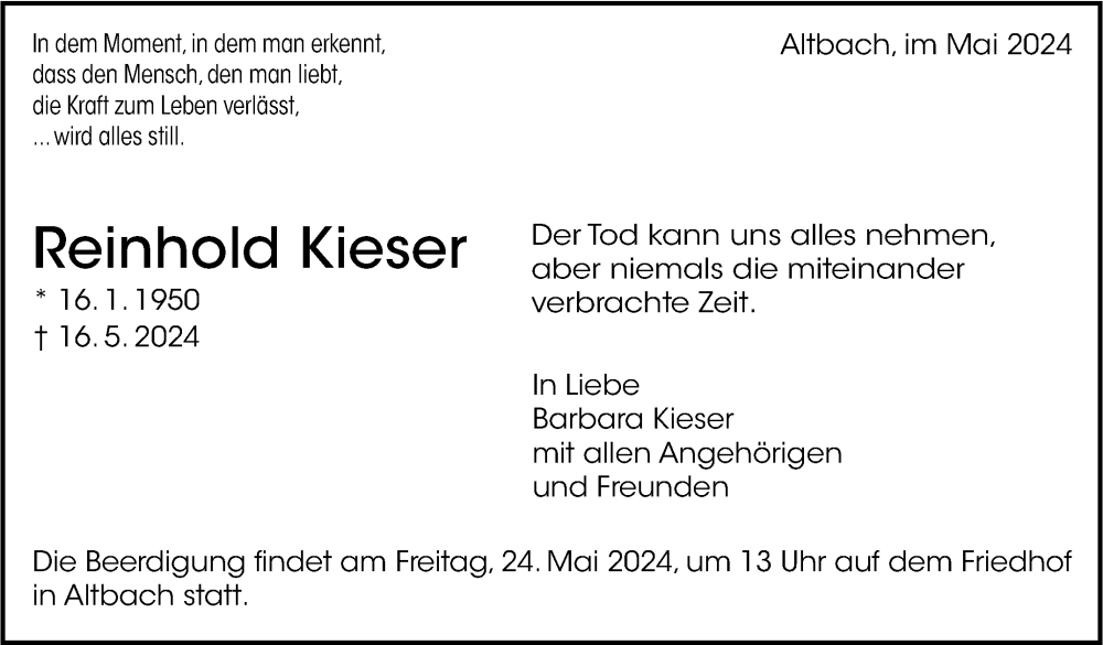  Traueranzeige für Reinhold Kieser vom 22.05.2024 aus Eßlinger Zeitung/Cannstatter Zeitung
