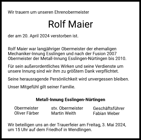Traueranzeige von Rolf Maier von Eßlinger Zeitung/Cannstatter Zeitung