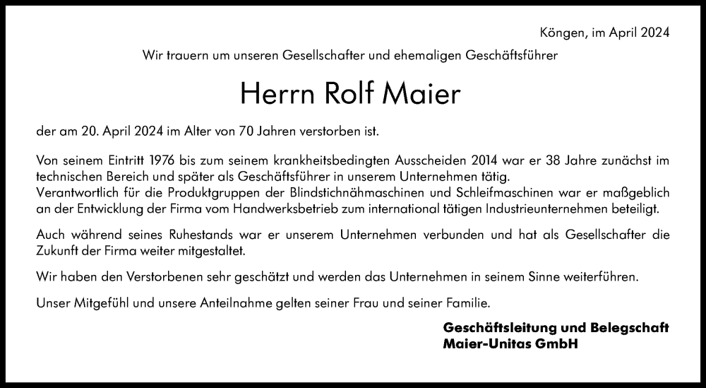  Traueranzeige für Rolf Maier vom 04.05.2024 aus Eßlinger Zeitung/Cannstatter Zeitung