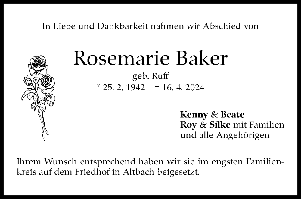  Traueranzeige für Rosemarie Baker vom 25.05.2024 aus Eßlinger Zeitung/Cannstatter Zeitung