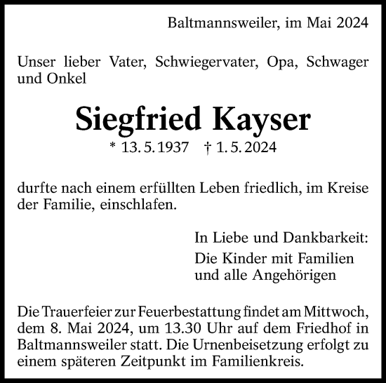 Traueranzeige von Siegfried Kayser von Eßlinger Zeitung/Cannstatter Zeitung