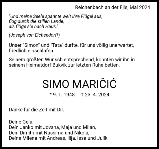 Traueranzeige von Simo Maricic von Eßlinger Zeitung/Cannstatter Zeitung