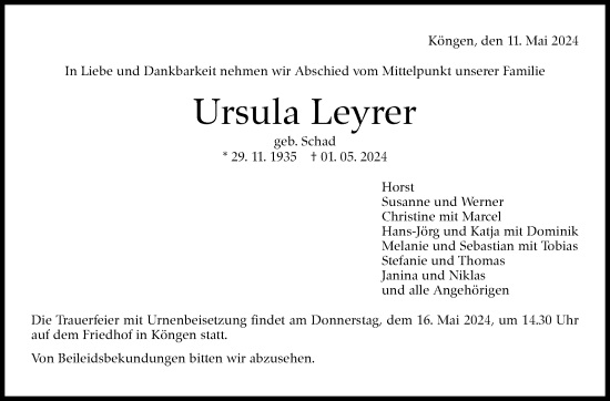 Traueranzeige von Ursula Leyrer von Eßlinger Zeitung/Cannstatter Zeitung
