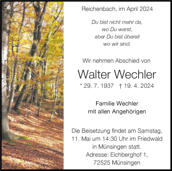 Traueranzeige von Walter Wechler von Eßlinger Zeitung/Cannstatter Zeitung